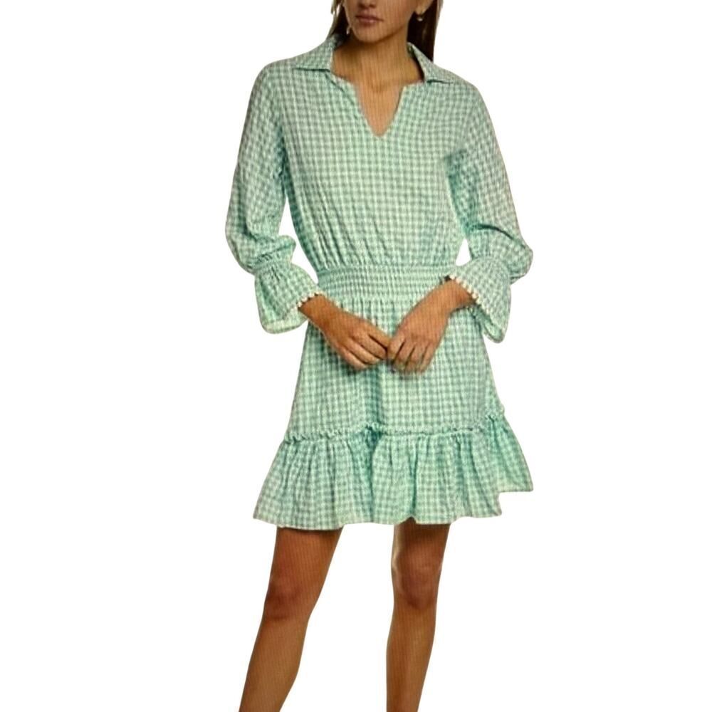 WALKER & WADE Women's Tiered Gingham Smocked Waist Dress Green Size Extra Small